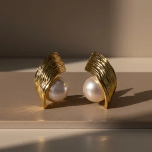 Sculpted Wave Pearl Stud Earrings