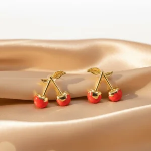 Cherry Motif Gold Stud Earrings