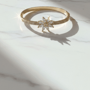 Starlit Blossom Diamond Bangle – Gold Plated with Pave Flower Centerpiece