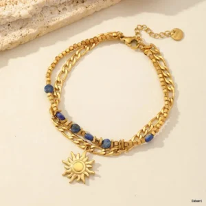 Layered Chain Bracelet with Sun Charm and Blue Beads