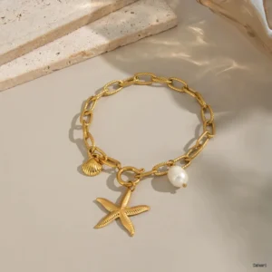 Chain Bracelet with Seashell, Starfish, and Pearl Charms
