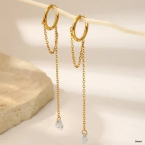 Gold Hoop Earrings with Crystal Chain Drop