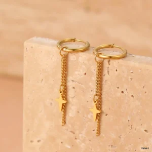 Gold Hoop Earrings with Star Chain Drop