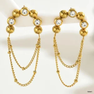Gold Crystal Ball Ear Climber Chain Earrings
