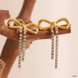 Gold Bow Crystal Drop Earrings