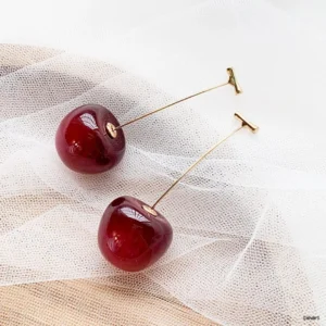 Minimalist Cherry Drop Earrings with Gold Stem