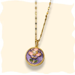 Enamel Blossom Medallion Necklace – Lavender & Pearl Accent