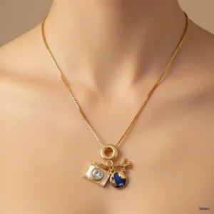 Gold Travel Charm Necklace with Camera, Plane & Globe