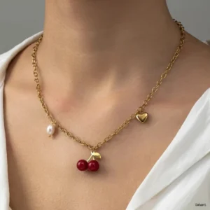 Chain Necklace with Cherry Heart and Pearl