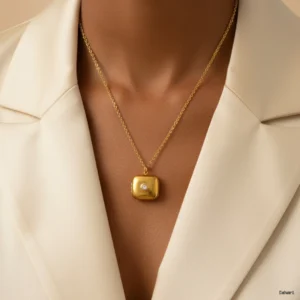 Gold Square Locket Pendant with Crystal Accent