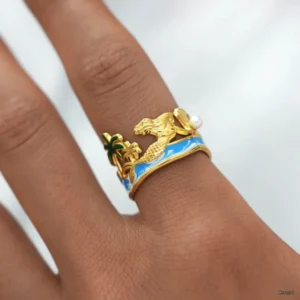 Mermaid Tail Ring with Blue Enamel Wave Detail